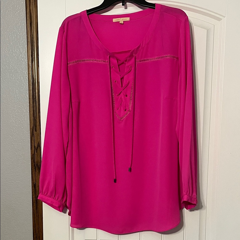 Gibson Latimer Fuchsia Lace-Up Blouse